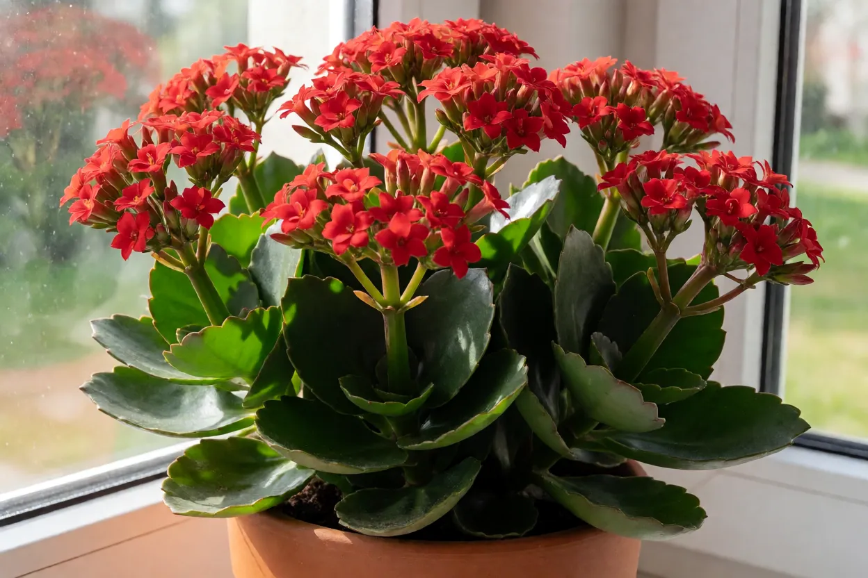Kalanchoe blossfeldiana florida em vaso de barro com folhas suculentas brilhantes
