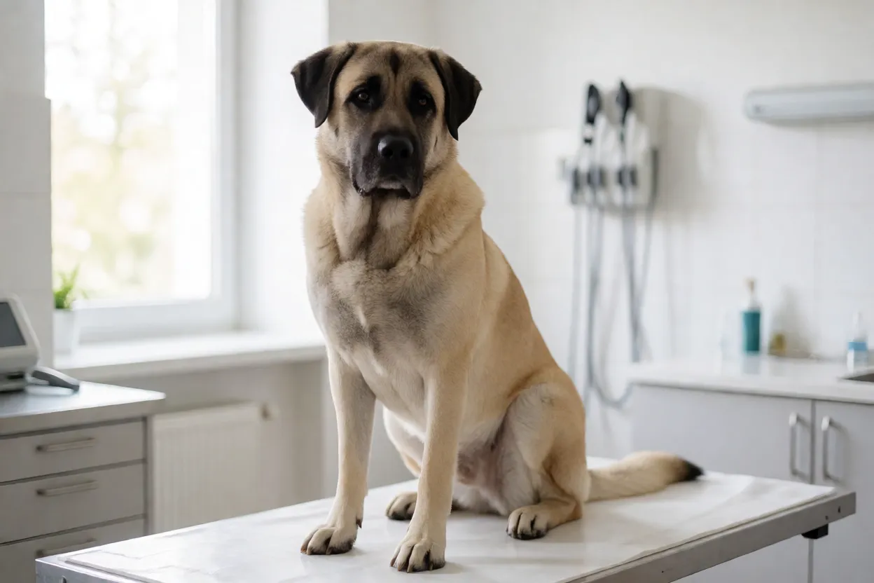 Kangal adulto saud&aacute;vel em consulta veterin&aacute;ria de rotina