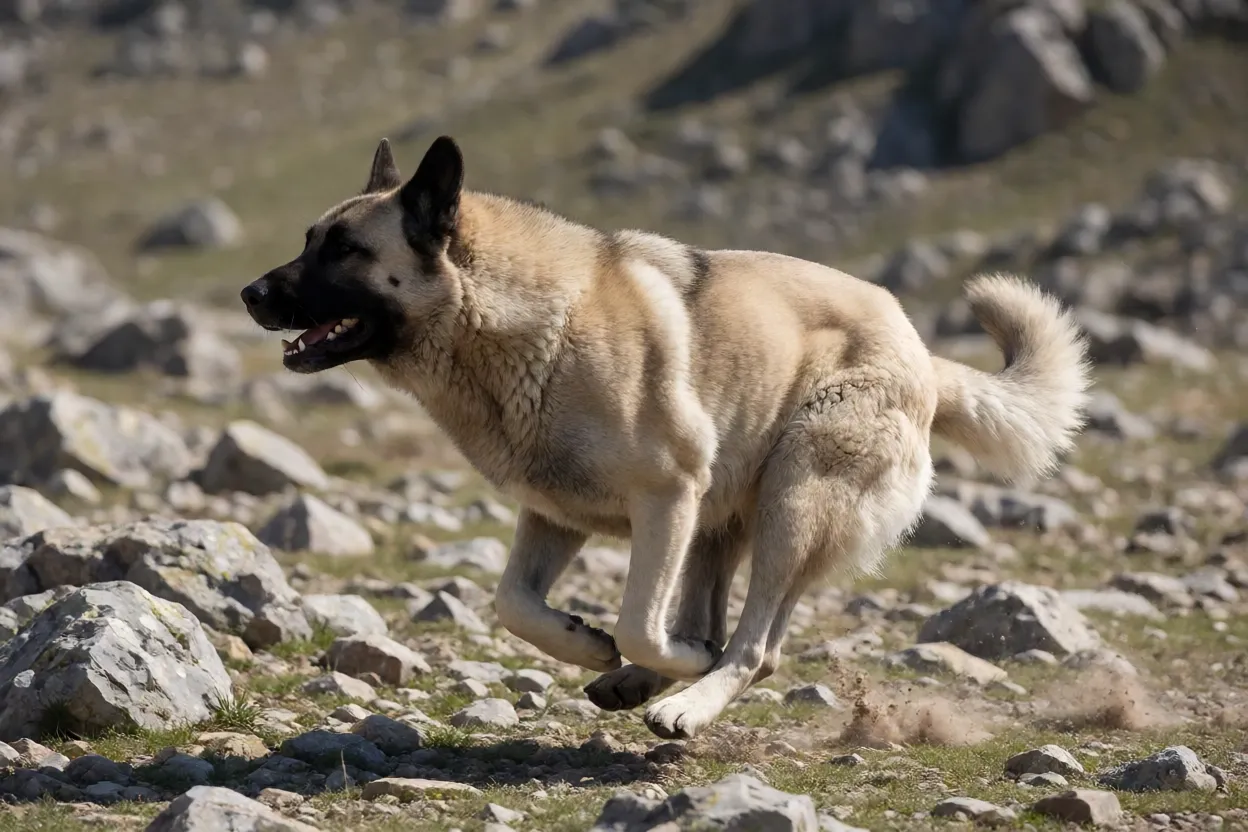 Kangal em movimento r&aacute;pido pelo campo