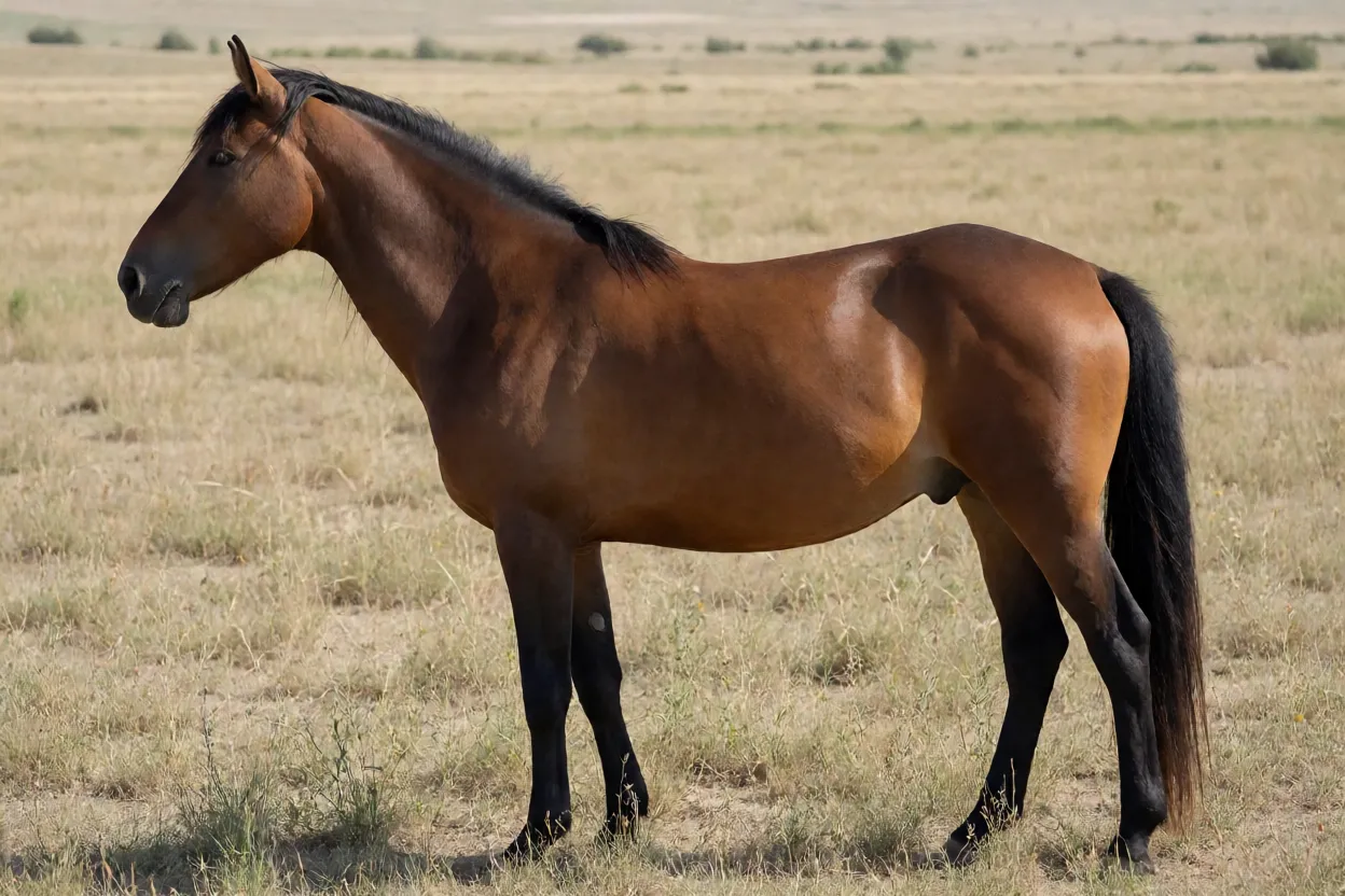Cavalo Karabair adulto baio em pé de perfil na estepe