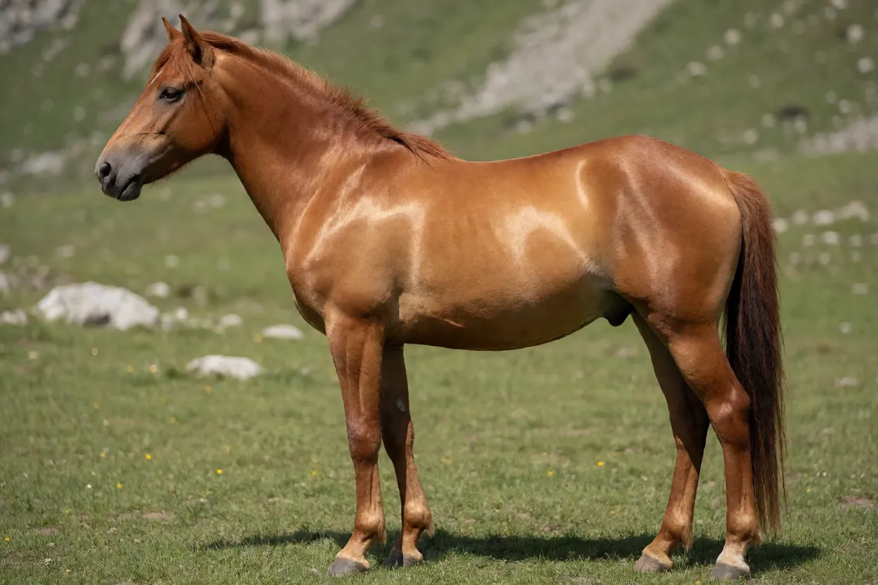 Cavalo Karabakh adulto de pelagem alazã dourada em pasto de montanha, vista lateral