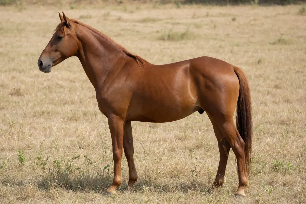 Cavalo Kathiawari adulto castanho de perfil em pasto seco mostrando orelhas curvas características