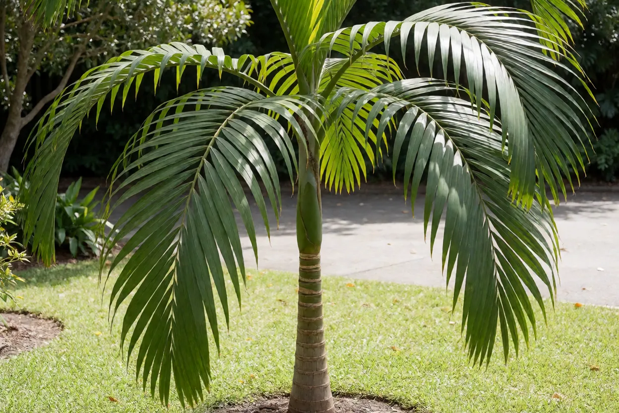 Kentia adulta Howea forsteriana vista completa no jardim com tronco fino e folhas arqueadas