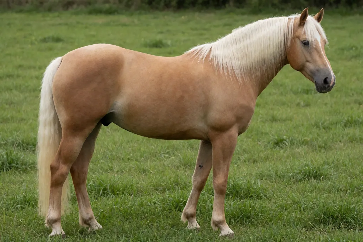Cavalo Kinsky adulto de pelagem dourada palomino em vista lateral no pasto