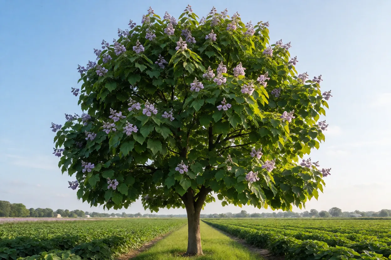 Kiri-japonês plantado em sítio amplo como árvore de sombra