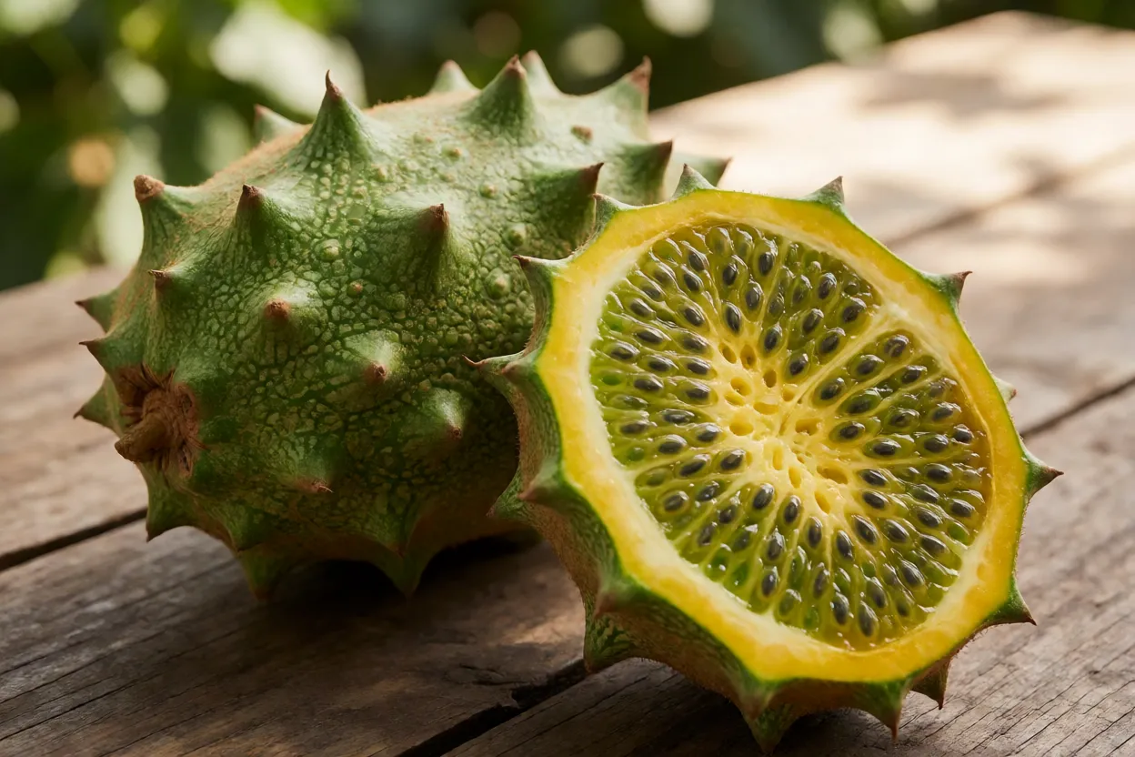 Kiwano Kiwano inteiro e cortado ao meio mostrando polpa verde gelatinosa com sementes