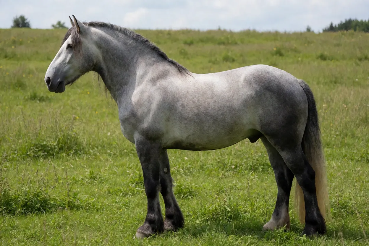 Cavalo Kladruber branco adulto de corpo inteiro em pasto, mostrando conformação barroca