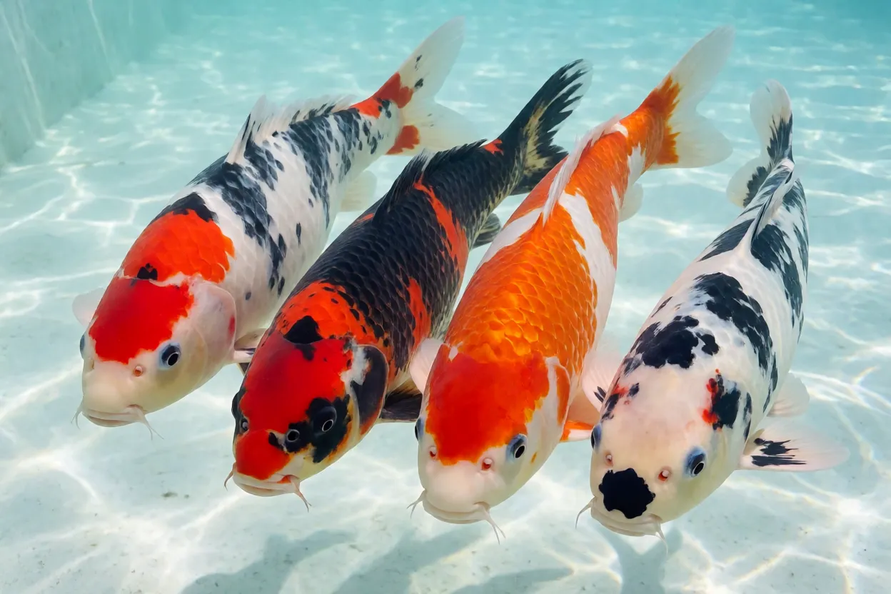 Variações de cores de Koi: Sanke, Showa, Ogon e Shiro Utsuri lado a lado