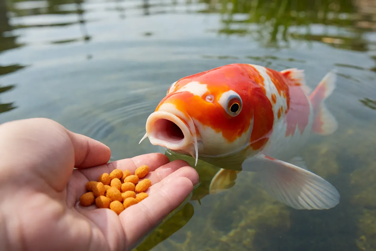 Koi se alimentando na superfície com ração flutuante próxima à mão
