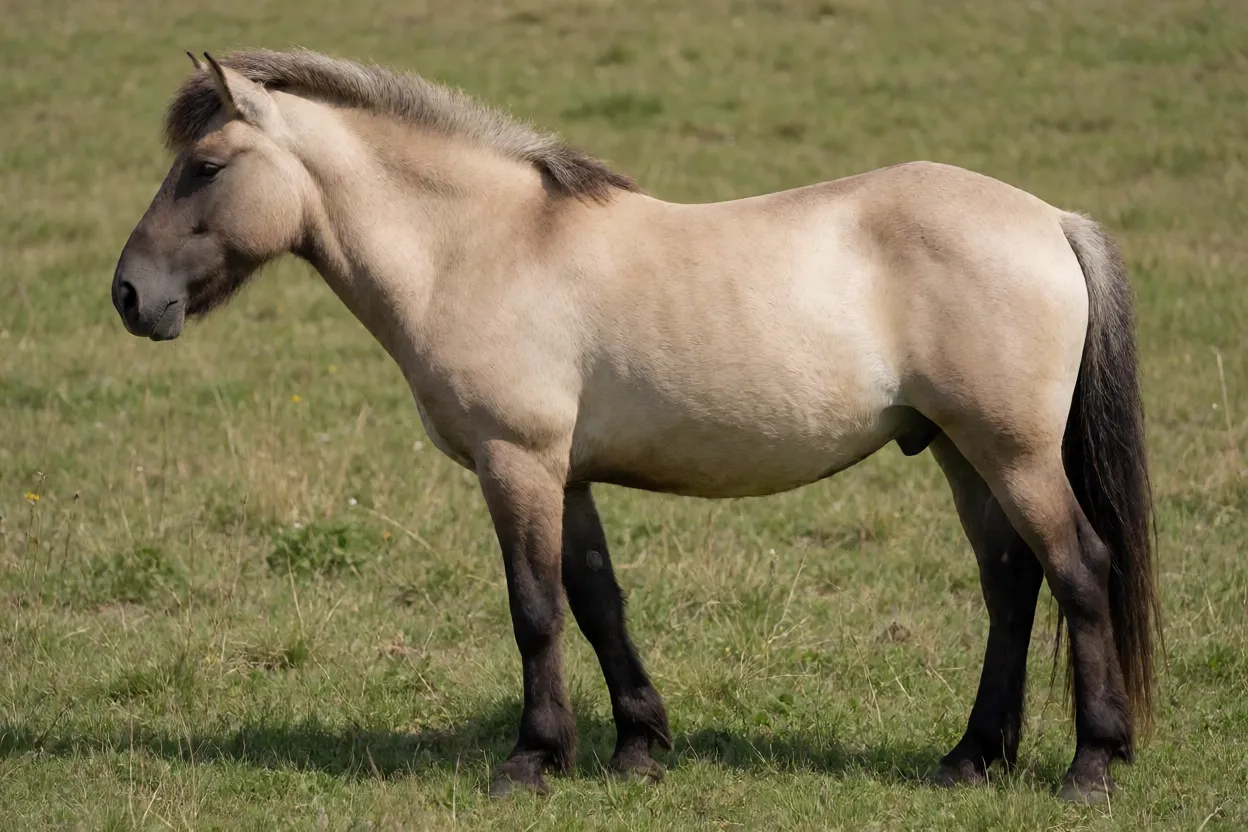 Cavalo Konik adulto de corpo inteiro na pastagem mostrando pelagem rato e listra dorsal