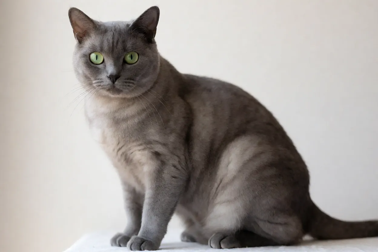Gato Korat adulto de corpo inteiro com pelagem azul-prateada e rosto em coração