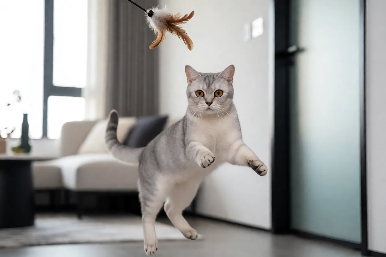Gato Korat brincando com varinha de penas dentro de apartamento