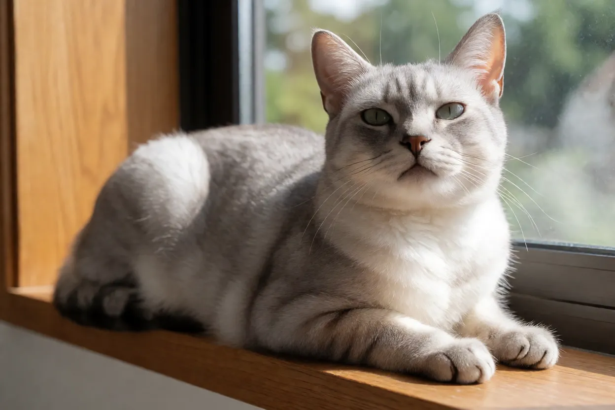 Gato Korat descansando no parapeito da janela ao sol