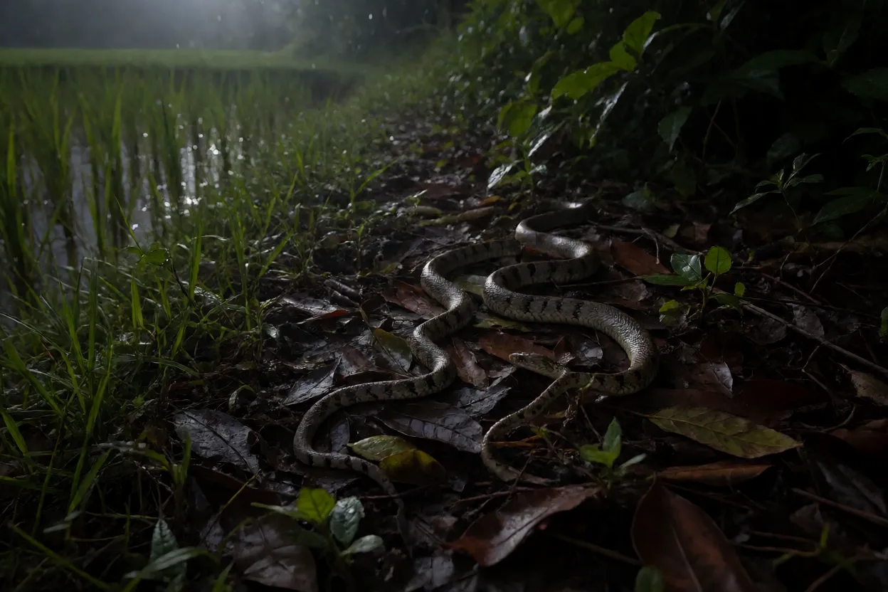 Krait em habitat natural noturno entre folhas e borda de arrozal
