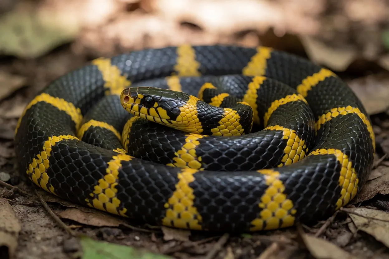 Krait-anelada adulta com anéis pretos e amarelos enrolada no chão da floresta
