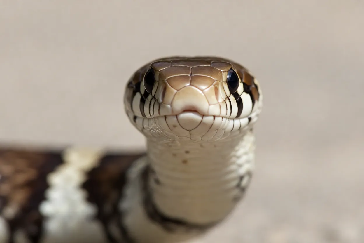 Close da cabeça da krait-anelada mostrando focinho arredondado e olhos pequenos