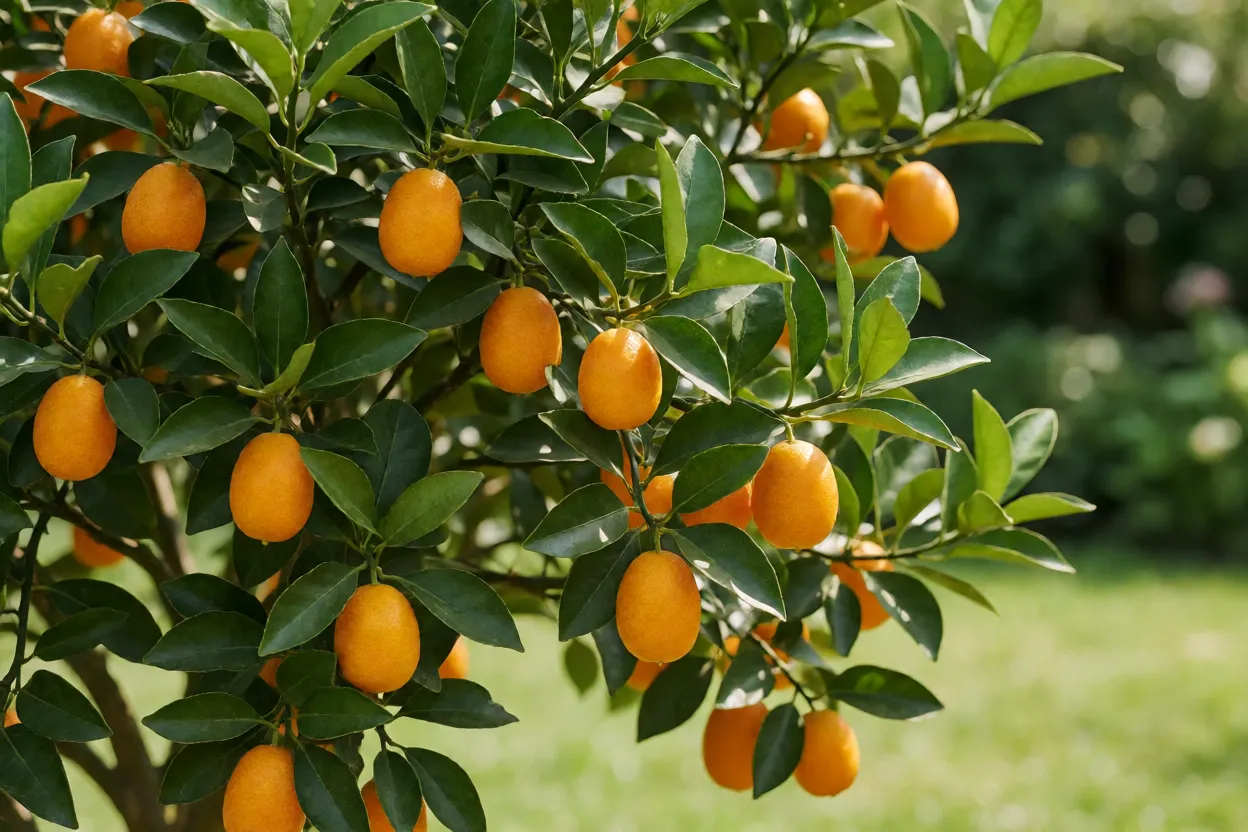 Árvore de kumquat carregada de frutos alaranjados maduros