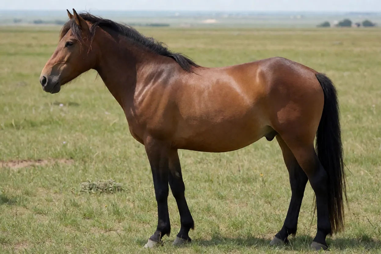 Cavalo Kushum adulto de pelagem baia em perfil na estepe