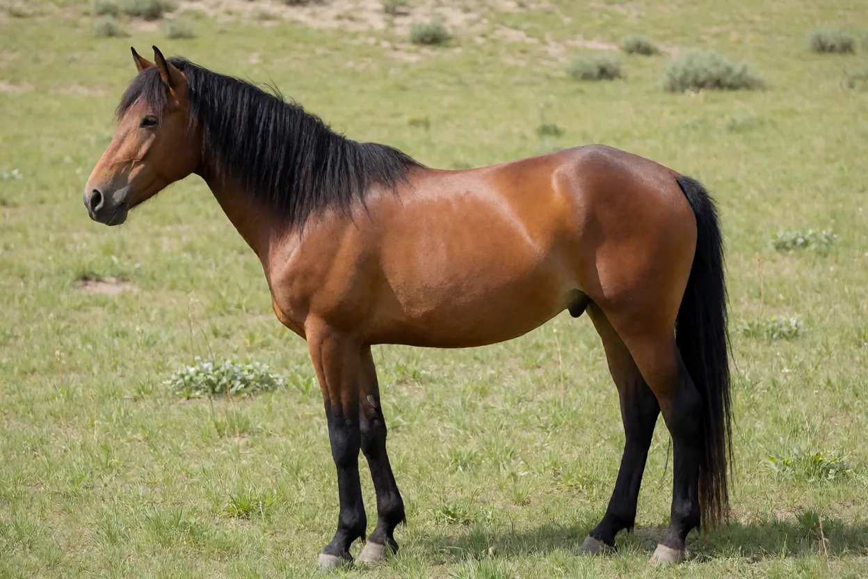Cavalo Kustanai adulto baio em pé de perfil na pastagem