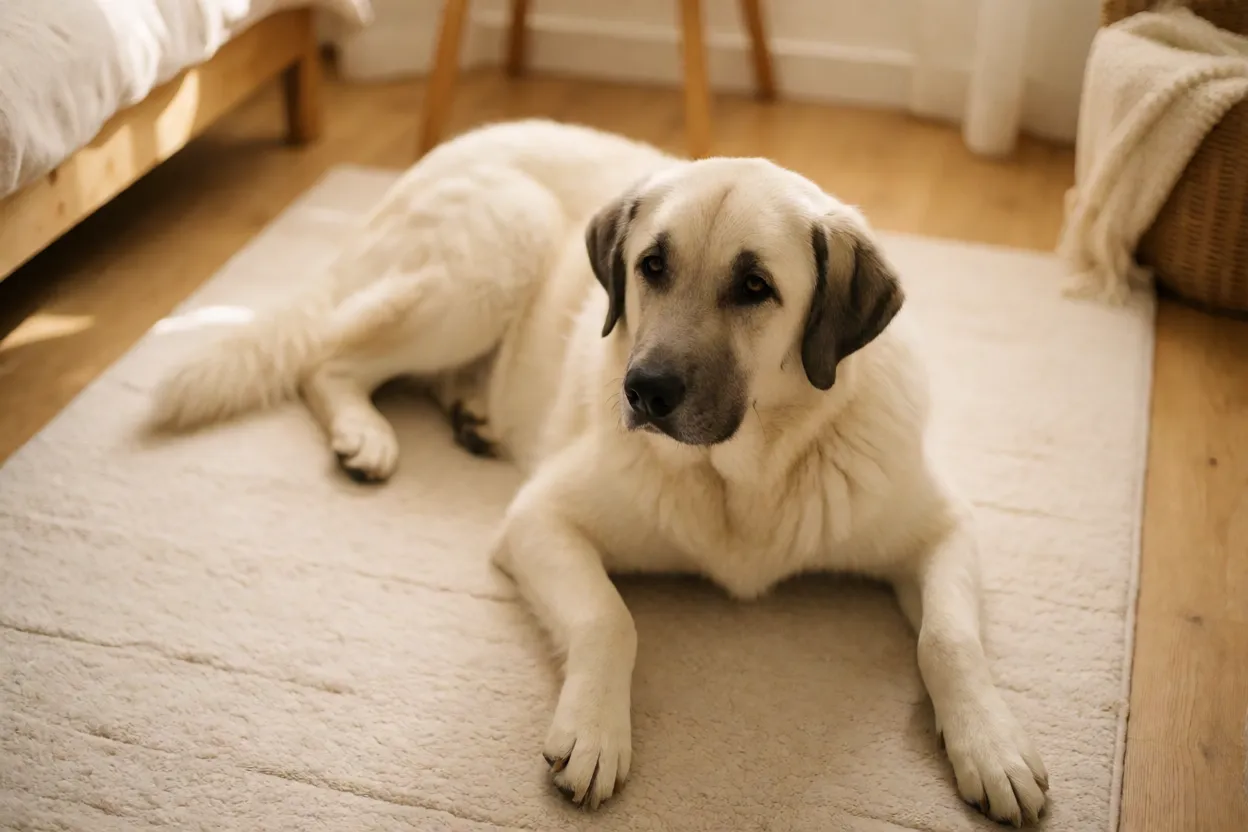 Kuvasz deitado calmamente dentro de casa sobre tapete