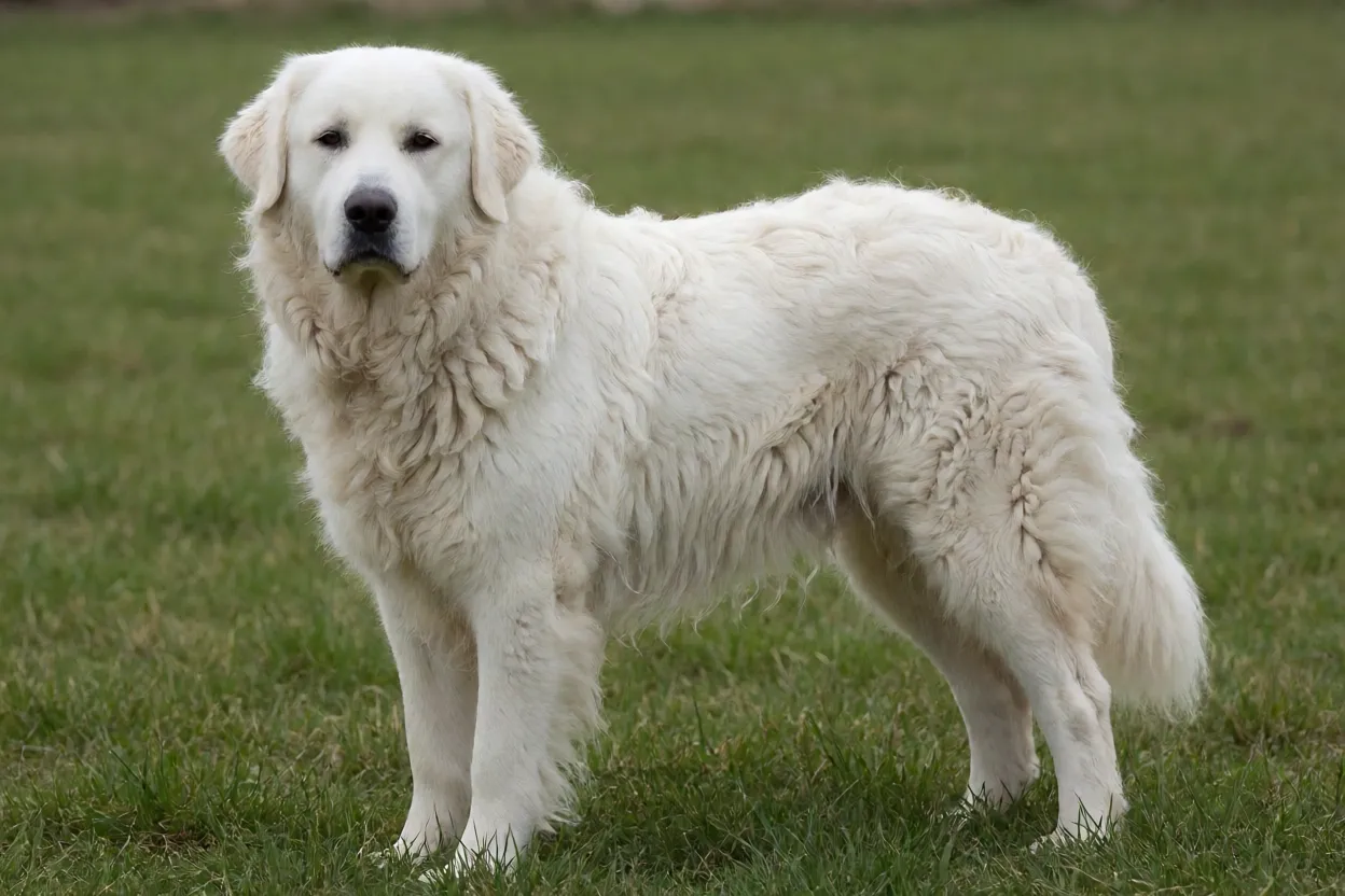 Kuvasz adulto branco em p&eacute; em um campo aberto