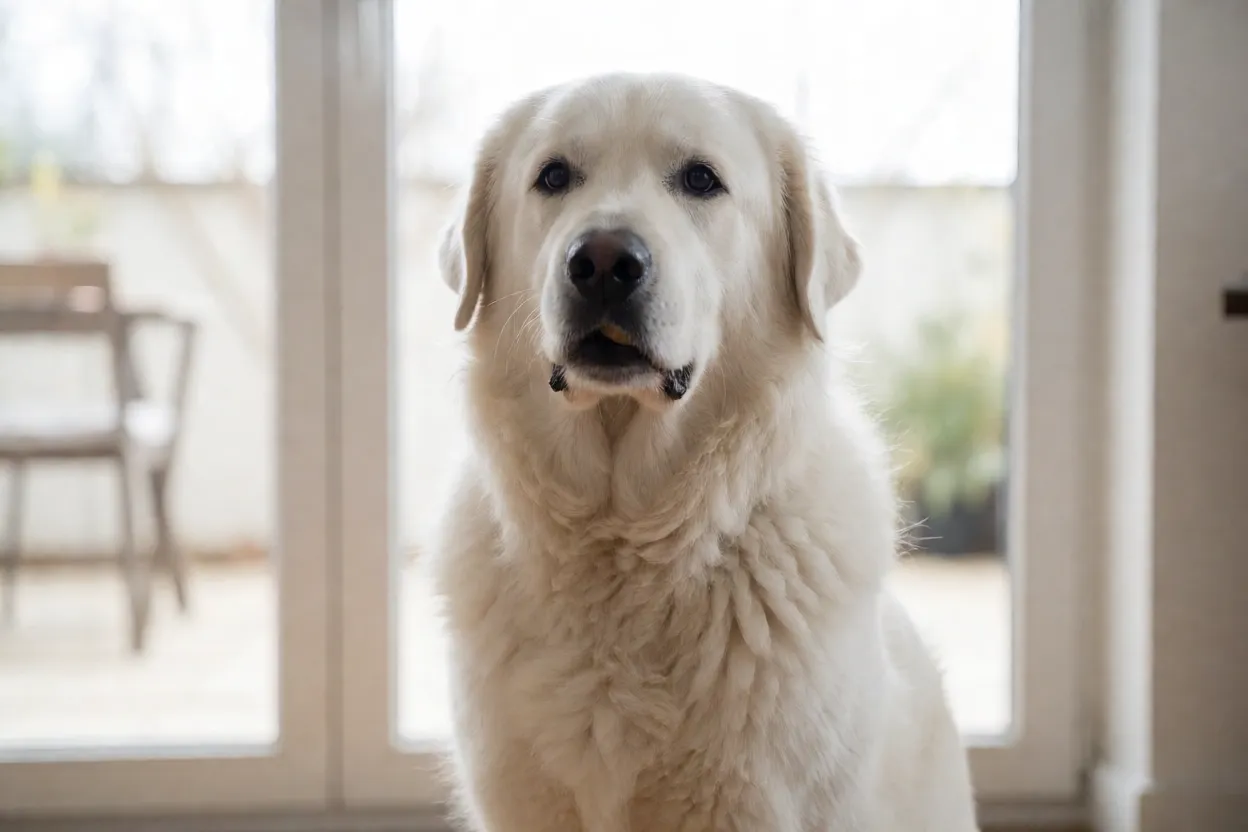 Kuvasz branco aprendendo a sentar com recompensa