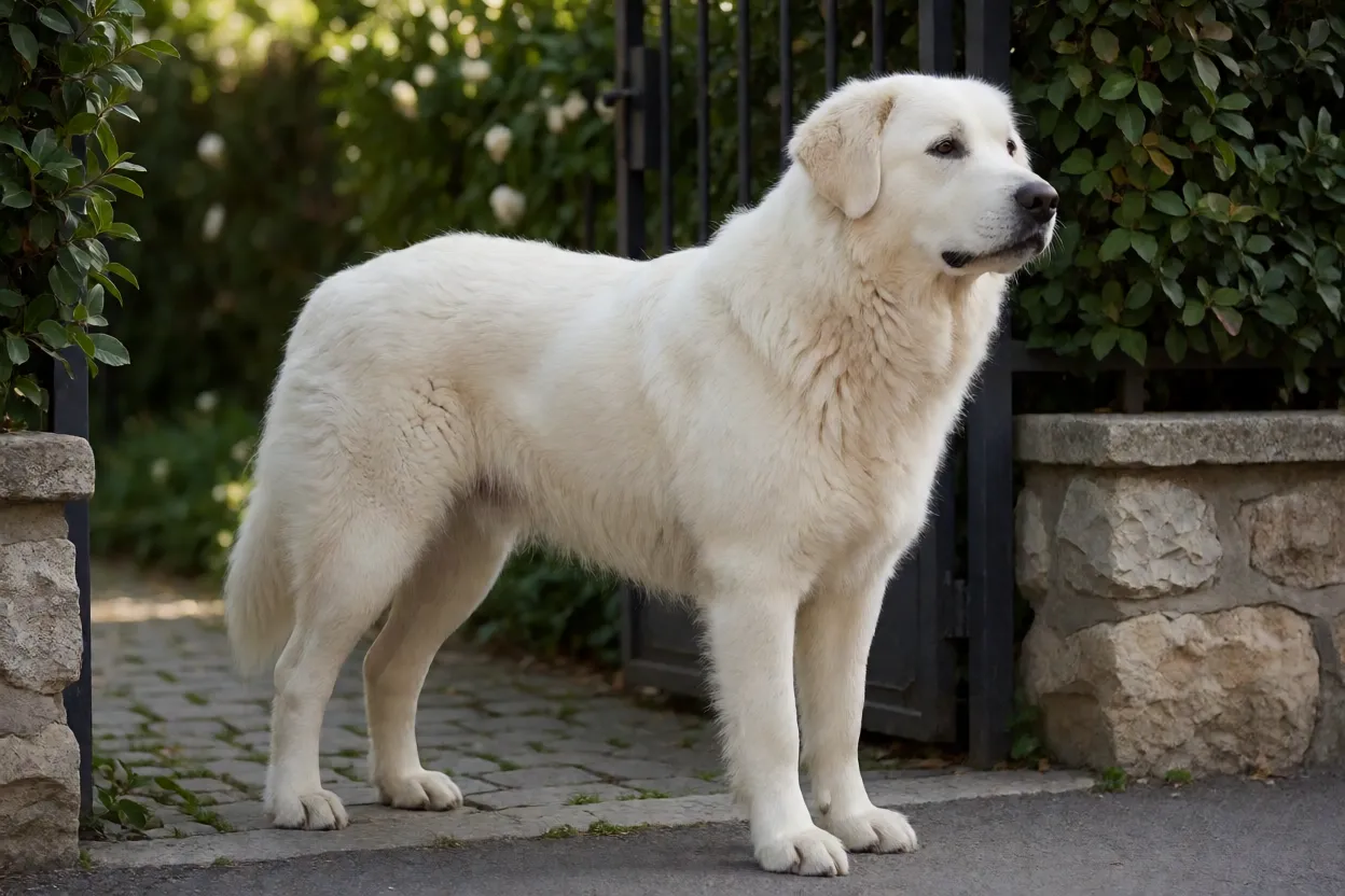 Kuvasz branco em alerta junto ao port&atilde;o da casa