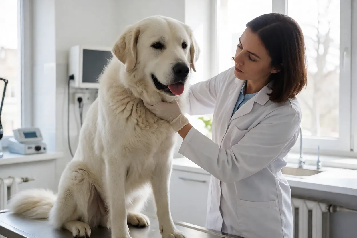 Kuvasz branco sendo examinado em consulta veterin&aacute;ria