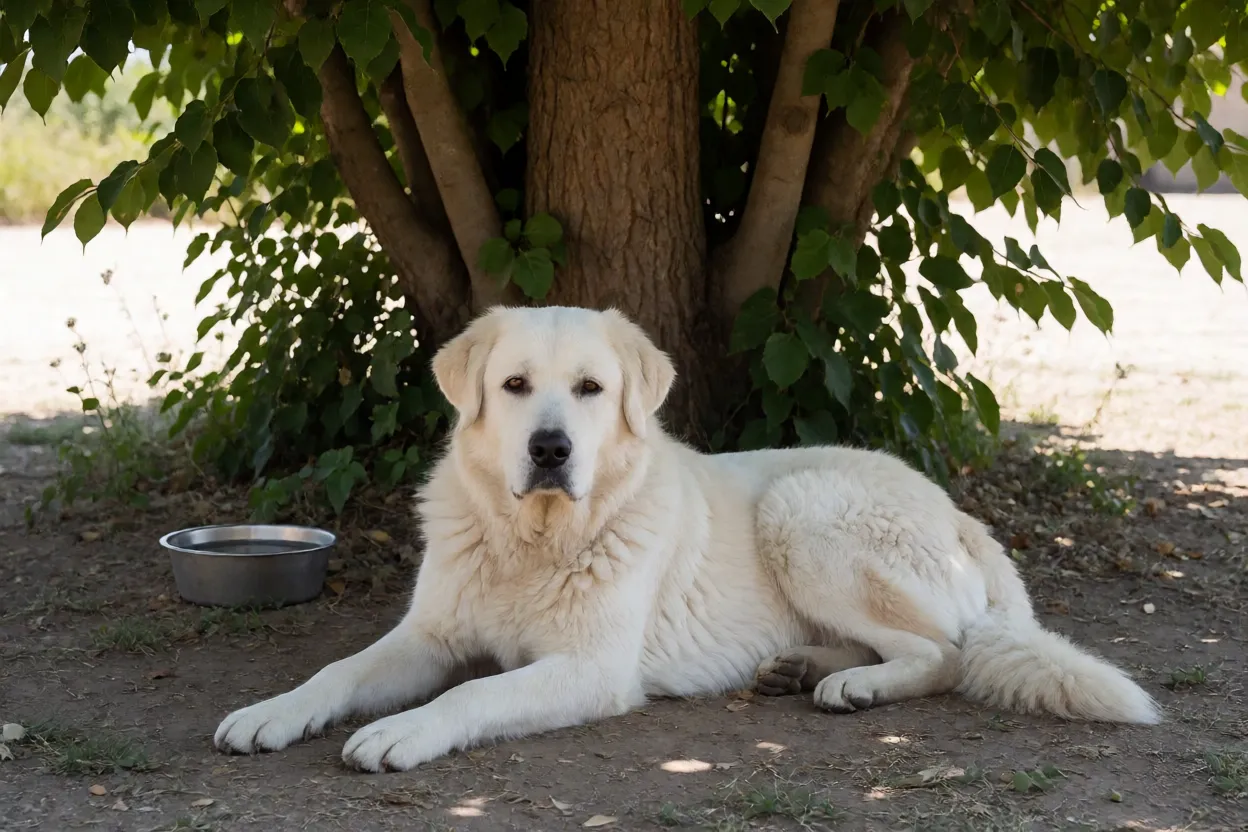 Kuvasz branco descansando na sombra de uma &aacute;rvore em dia quente