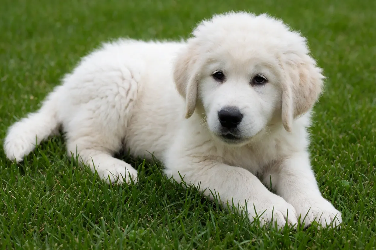 Filhote de Kuvasz branco brincando na grama