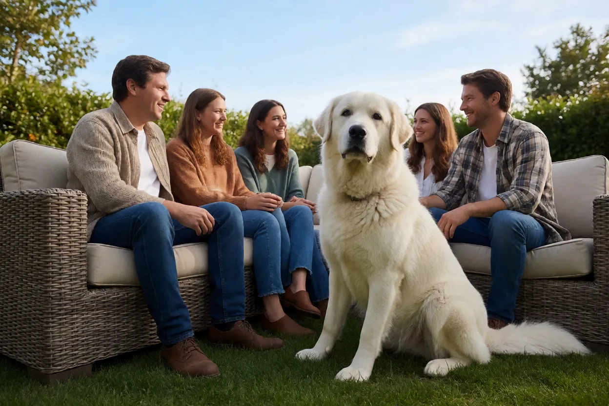 Kuvasz branco ao lado da fam&iacute;lia em um quintal