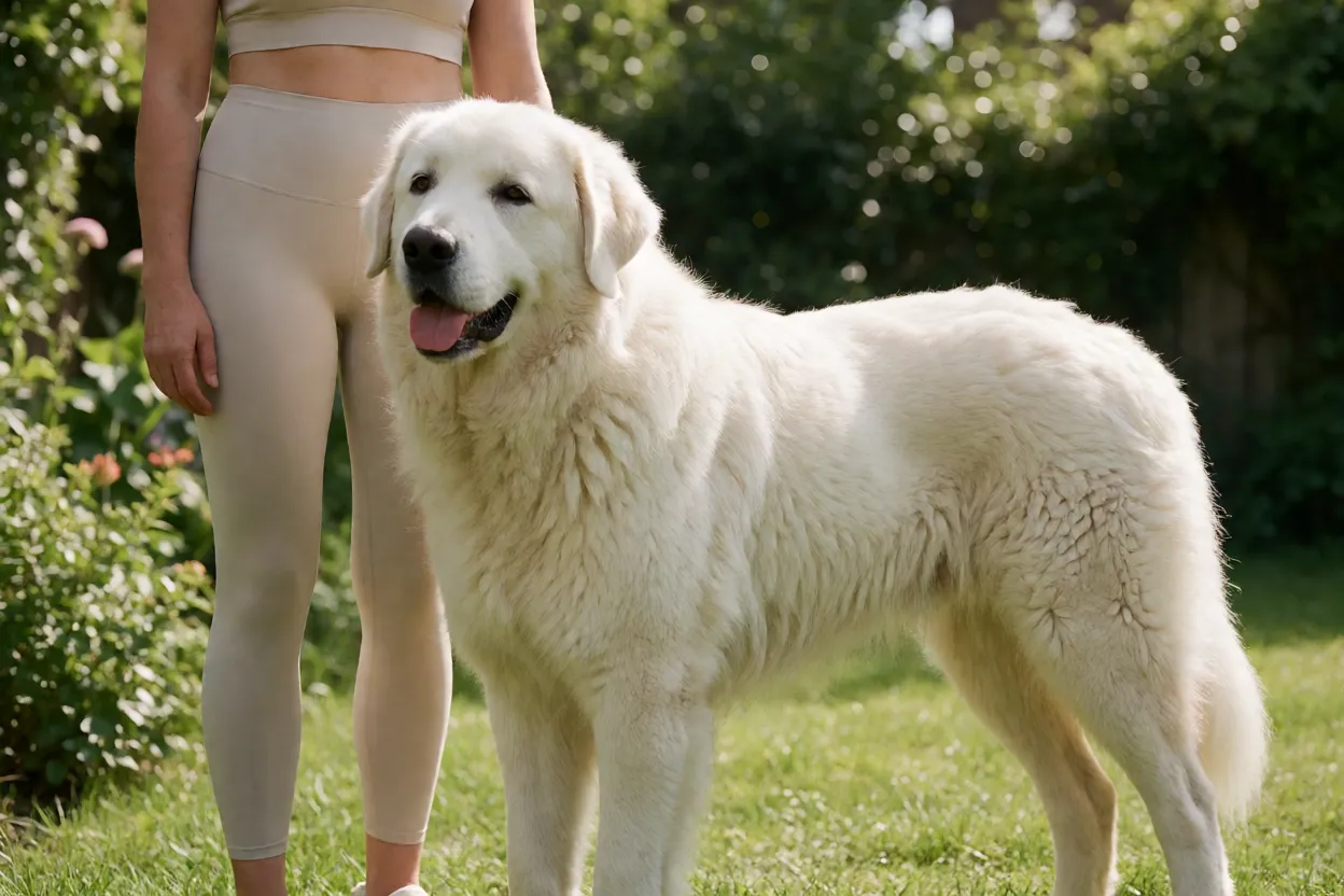 Kuvasz adulto ao lado de uma pessoa para mostrar a escala