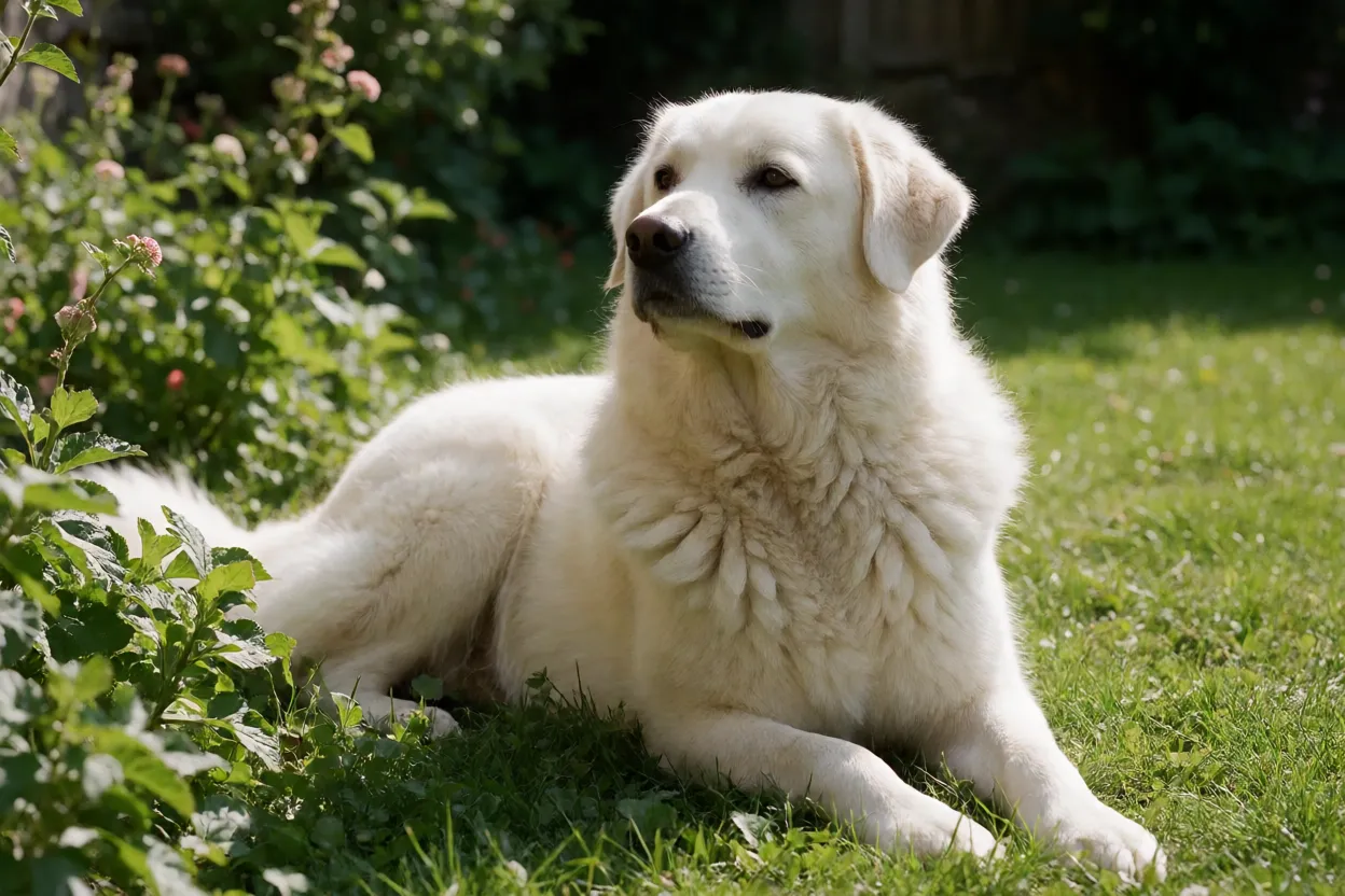 Kuvasz branco deitado em um jardim observando o ambiente