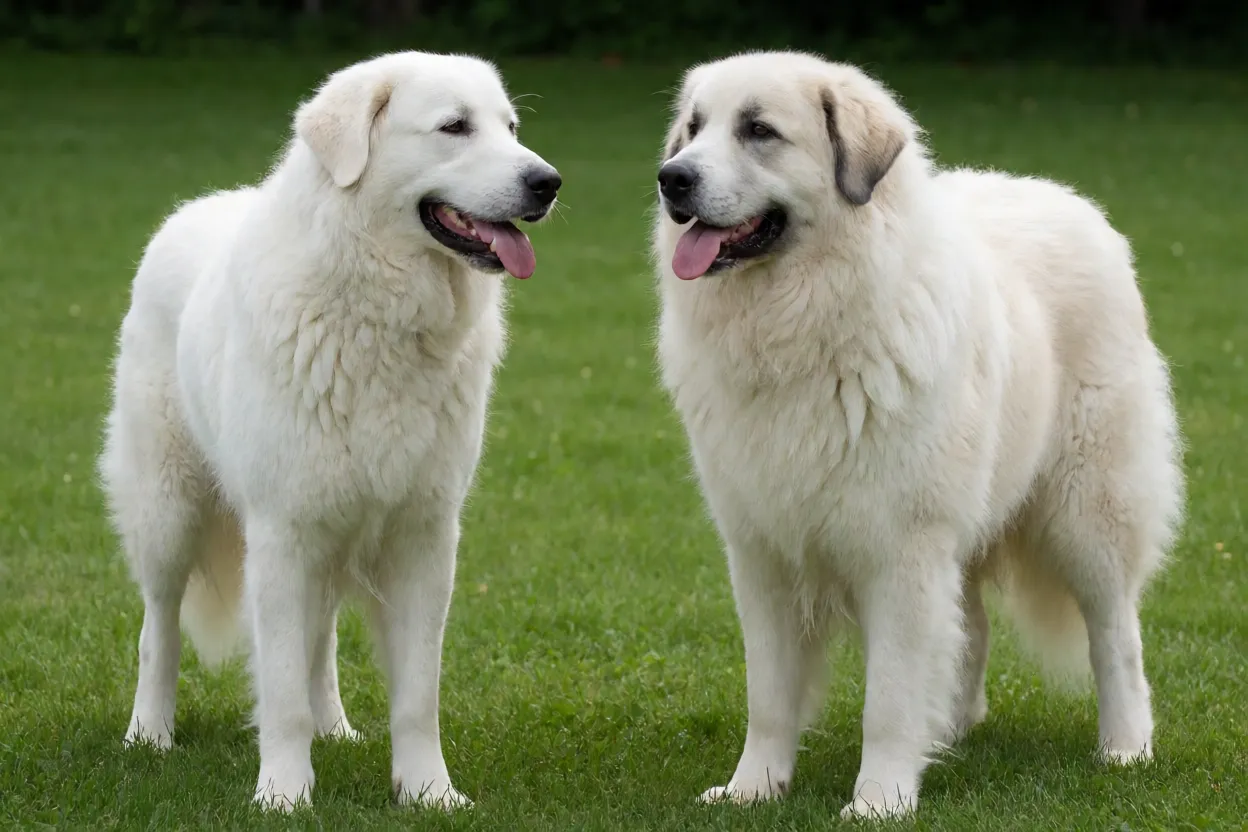 Kuvasz ao lado de um Pastor dos Pirineus em um gramado