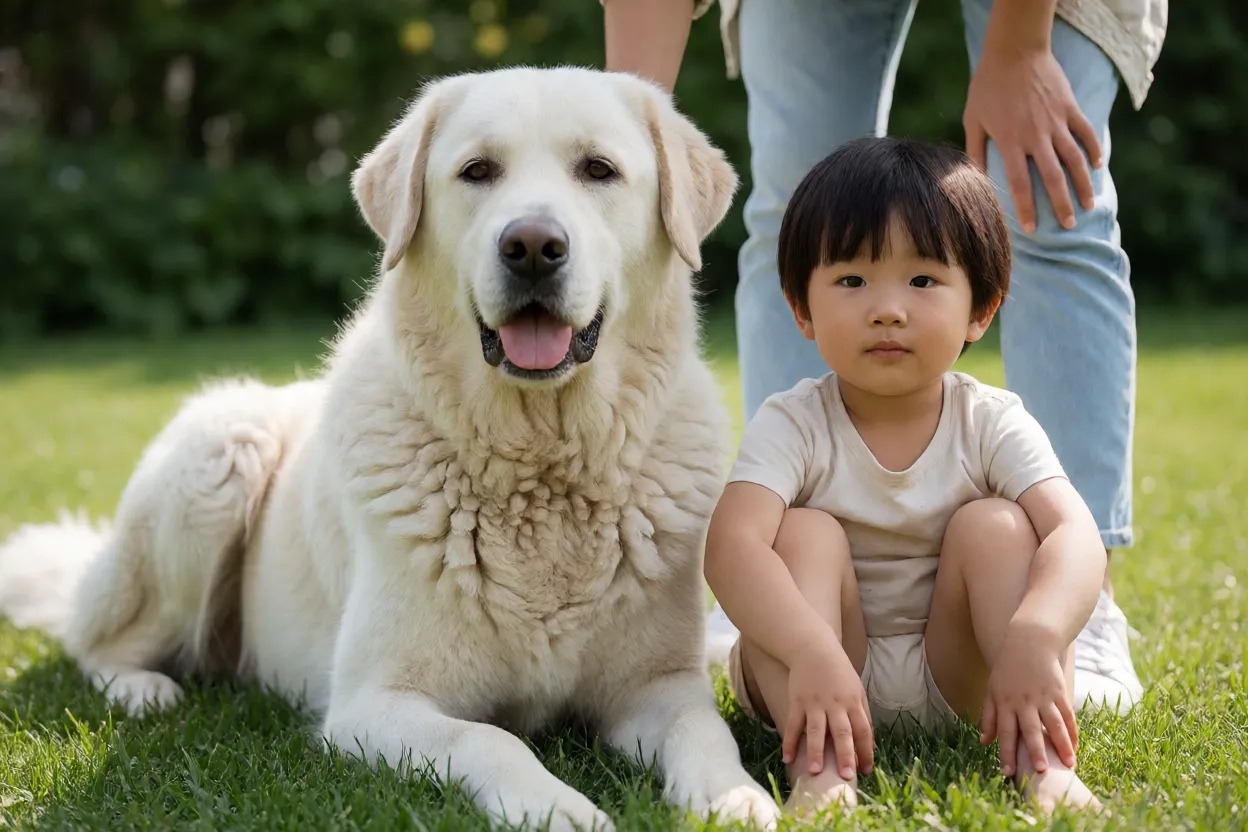 Kuvasz branco com uma crian&ccedil;a sob supervis&atilde;o em um quintal