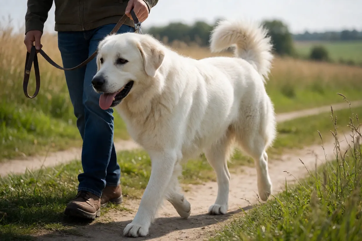Kuvasz caminhando em uma trilha com o tutor