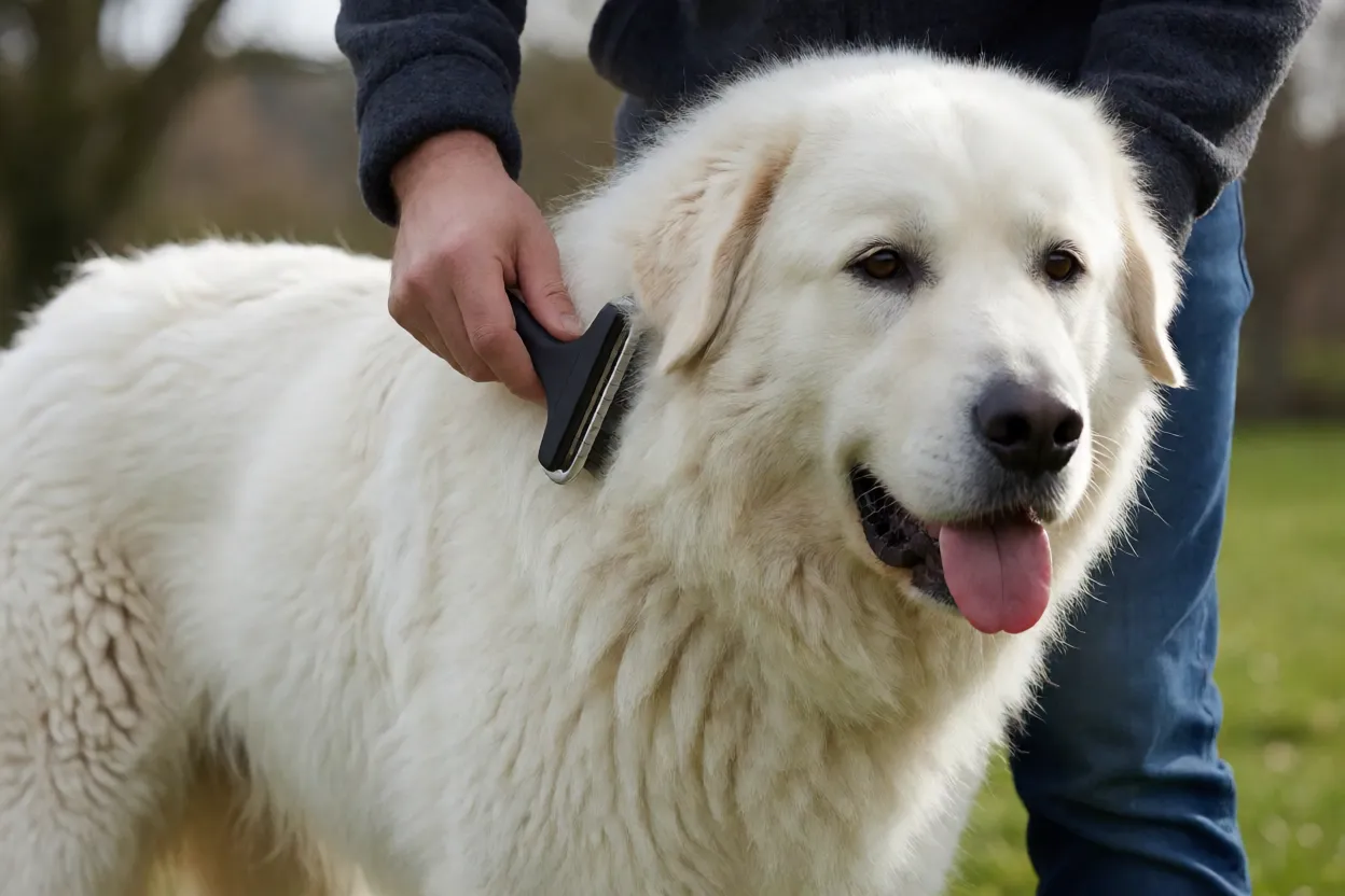 Tutor escovando a pelagem branca de um Kuvasz