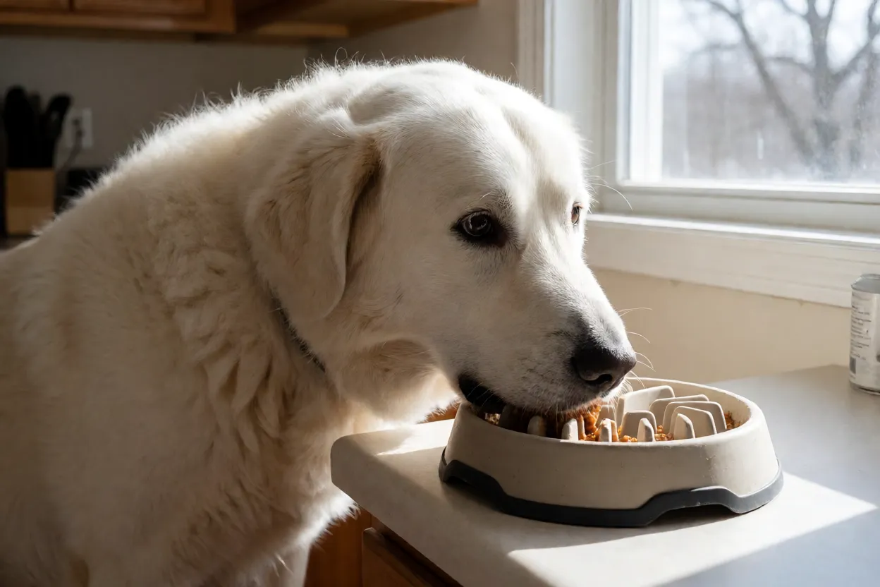 Kuvasz comendo ra&ccedil;&atilde;o em comedouro antiengolimento