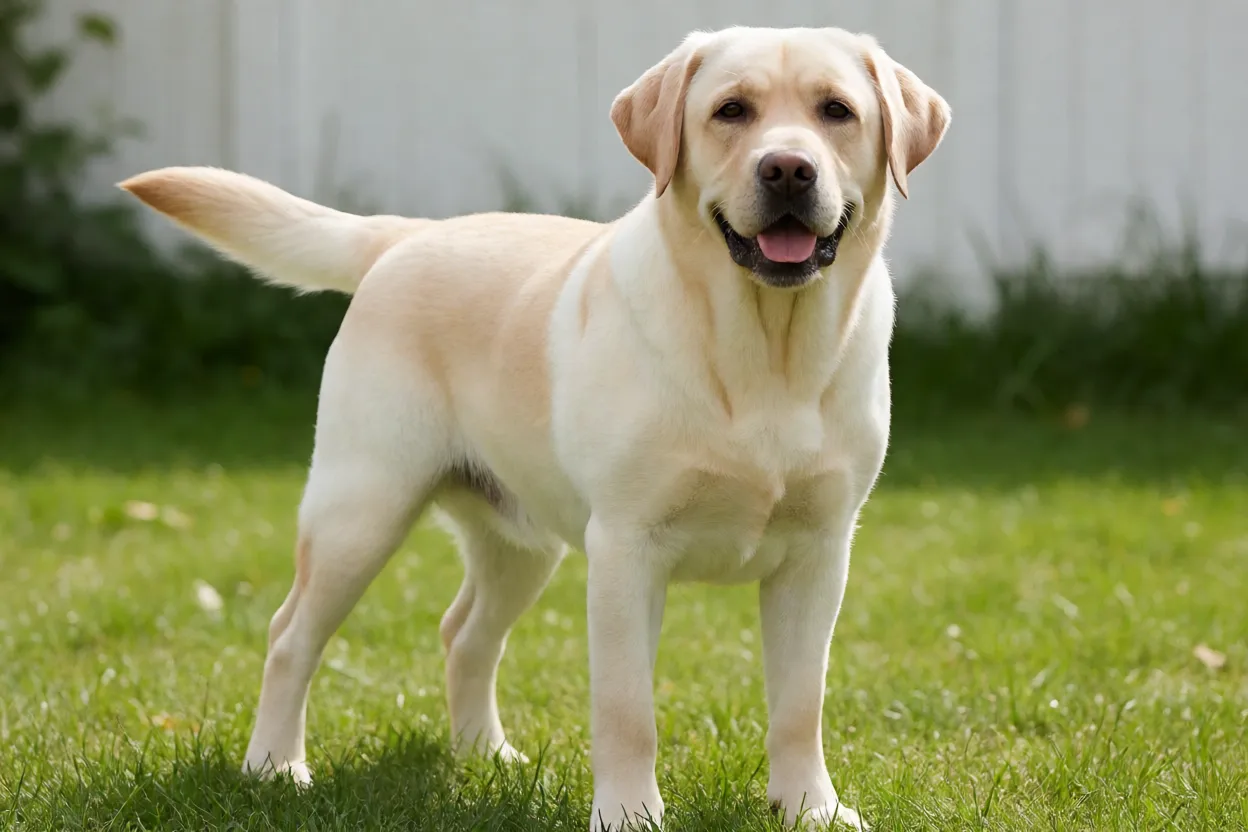 Labrador Retriever adulto de pelo curto e expressão amigável em ambiente natural