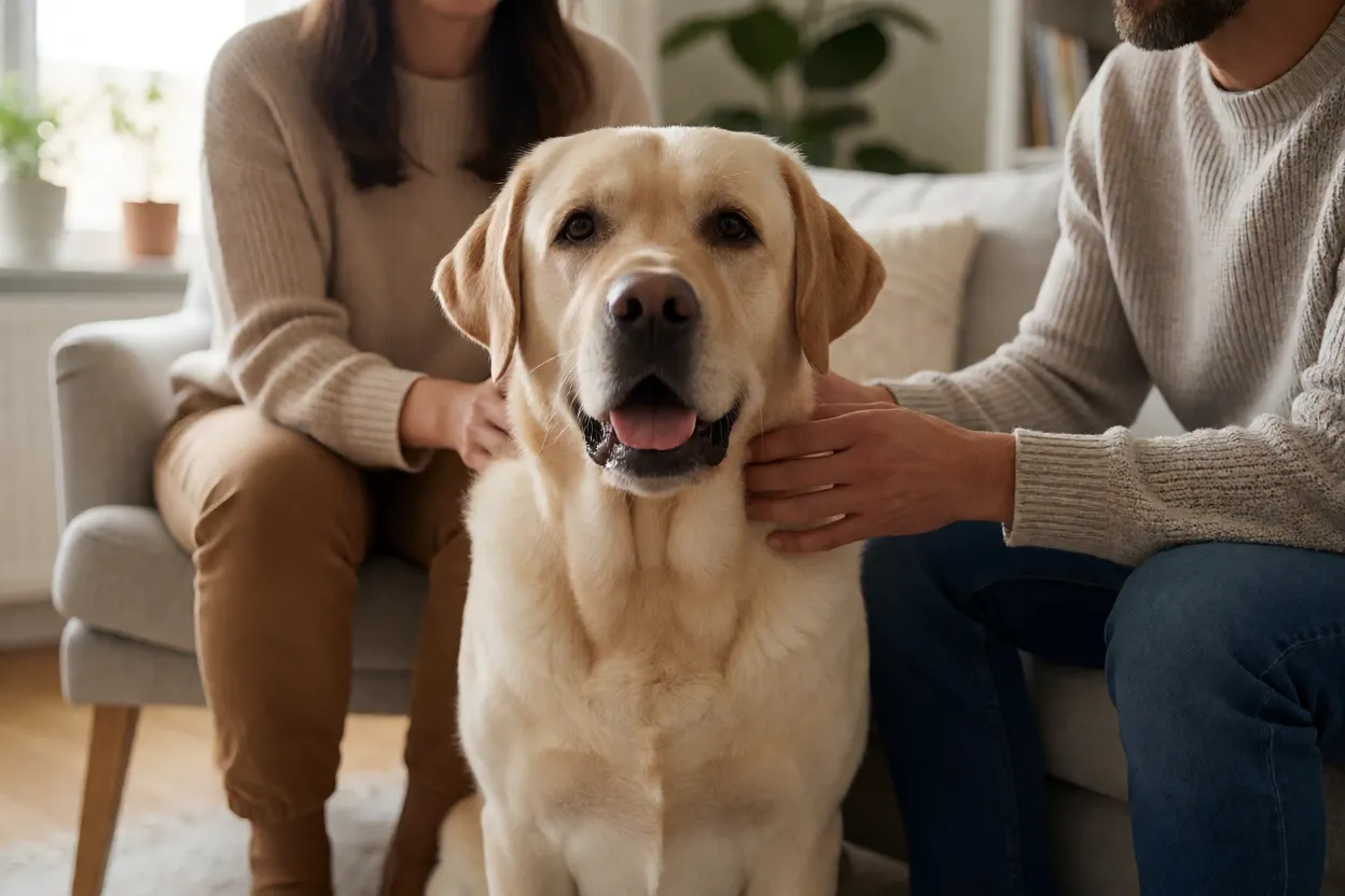 Labrador interagindo de forma gentil com crianças ou pessoas em ambiente doméstico
