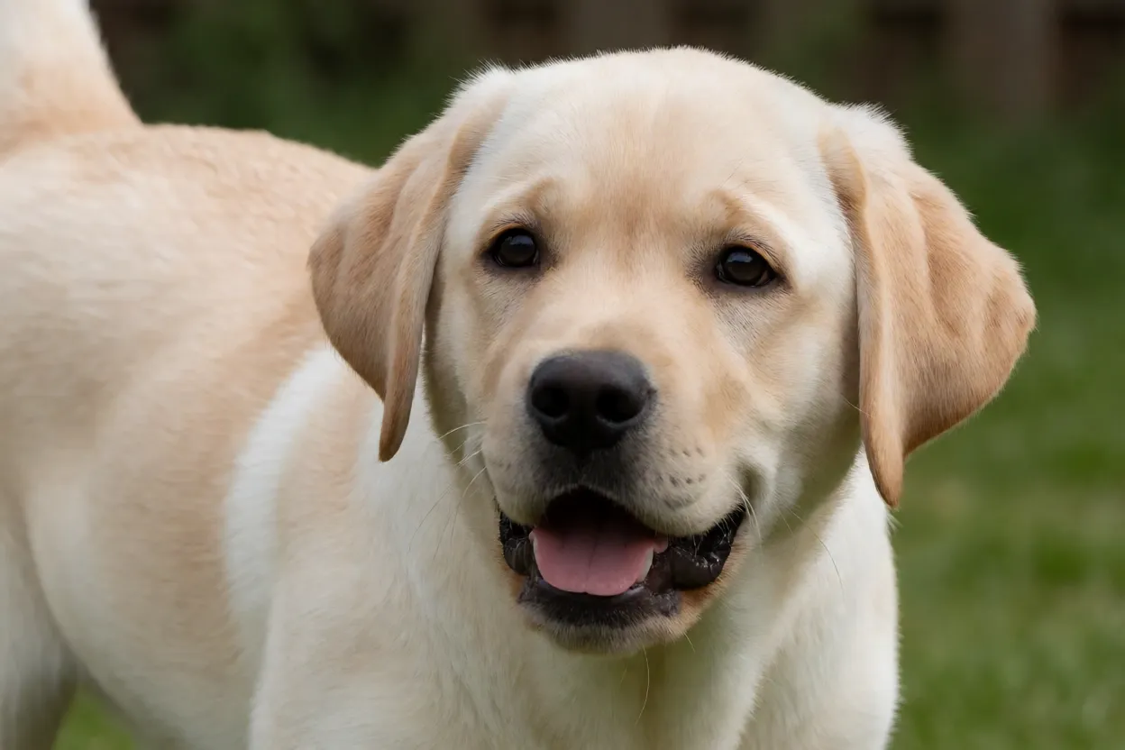 Filhote de Labrador brincando, pelo curto e expressão curiosa