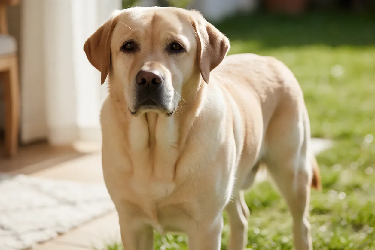 Labrador adulto em situação cotidiana mostrando rotina de cuidados