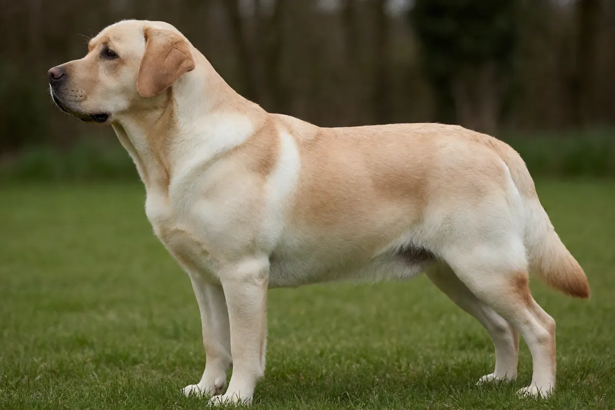 Labrador adulto de porte médio-grande mostrando estrutura atlética