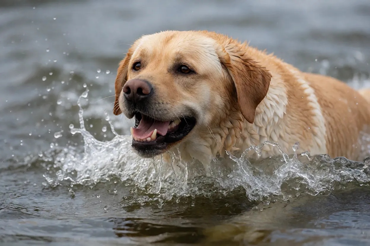 Labrador nadando ou correndo em ambiente aberto com energia alta