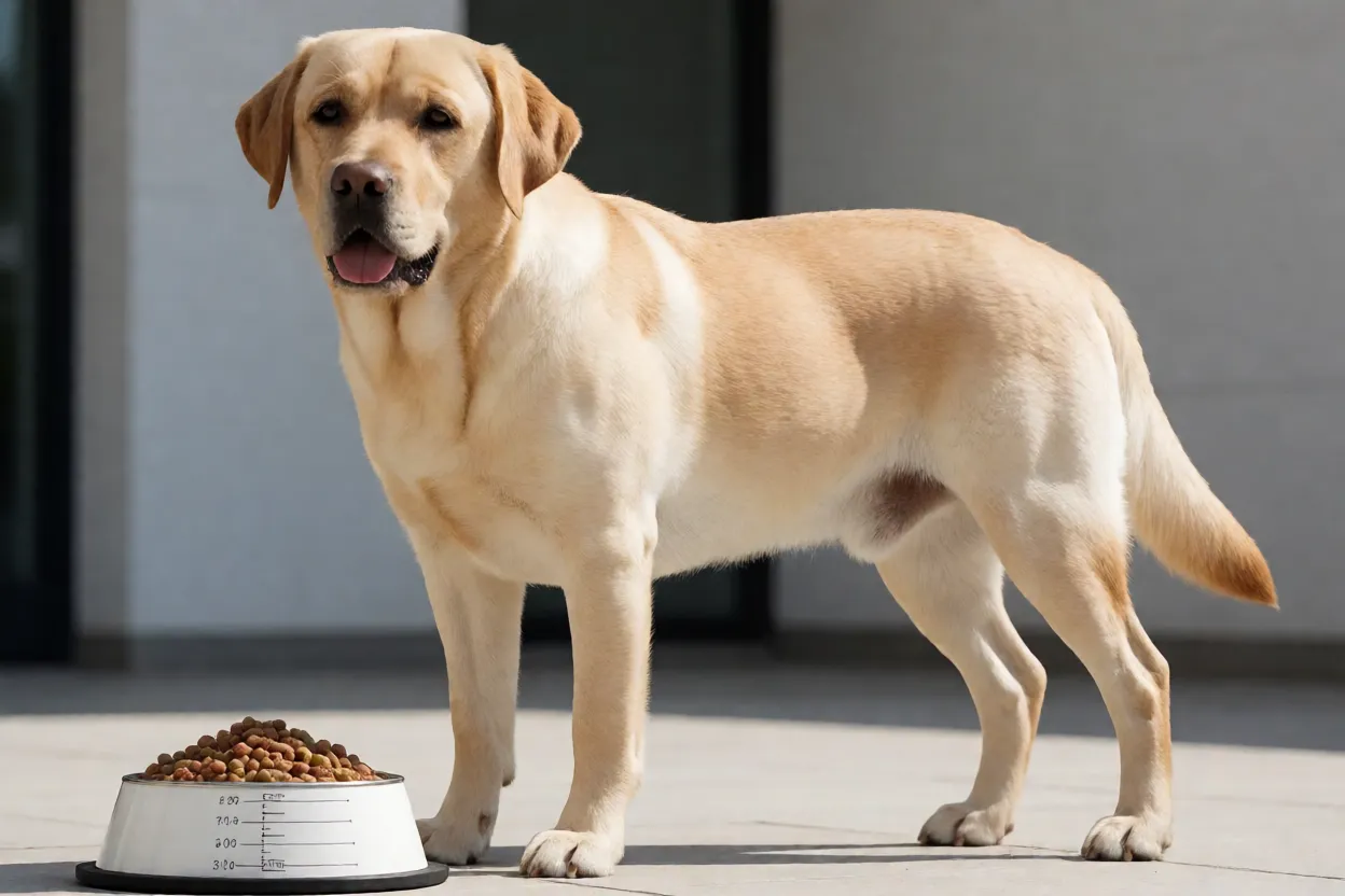 Labrador adulto com tigela de ração medida e corpo magro saudável