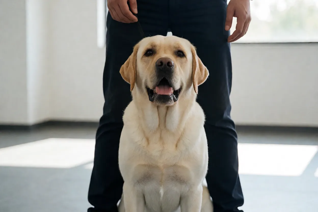 Labrador em sessão de treino de obediência com foco e recompensa