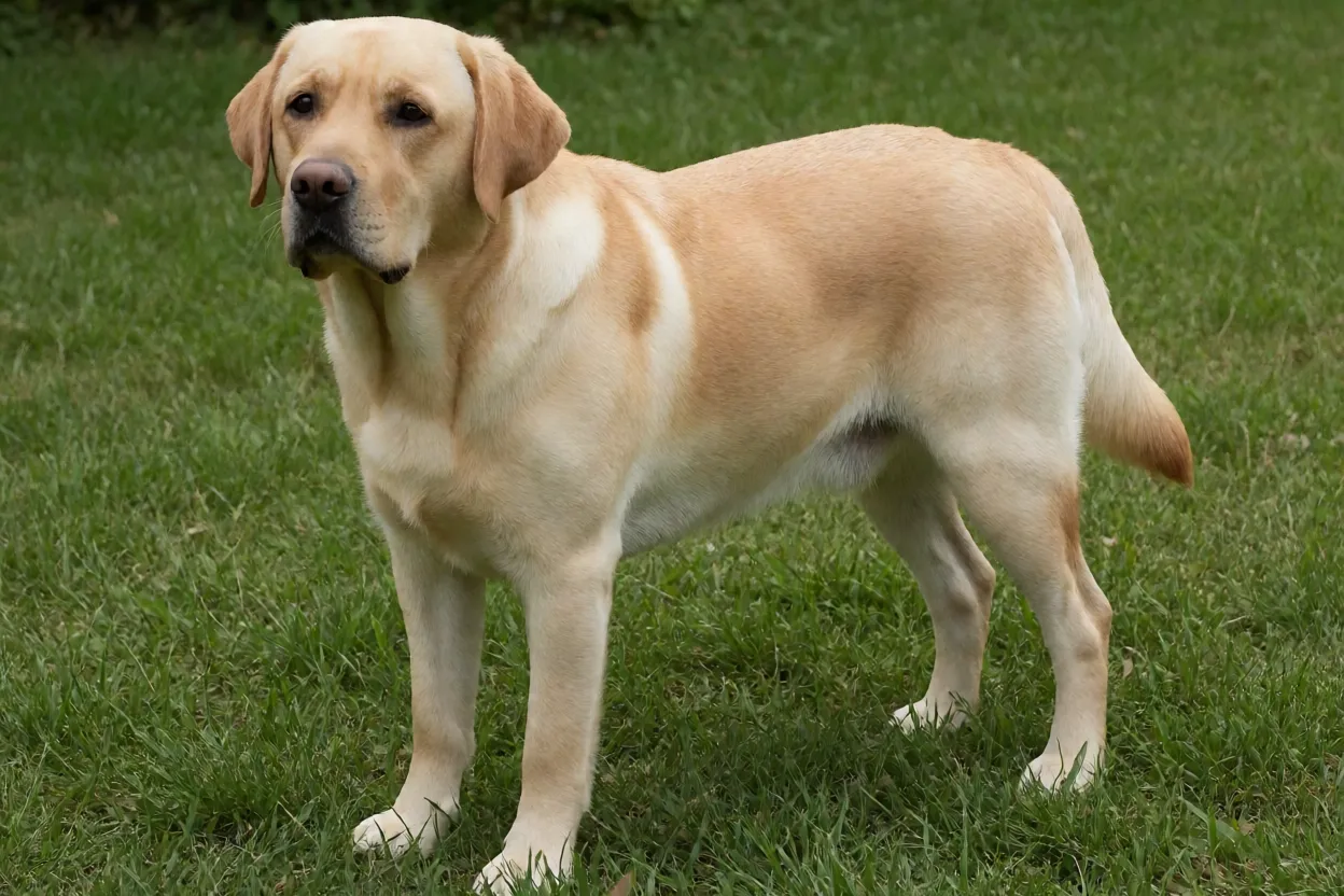 Labrador Retriever adulto de pelagem amarela em pé na grama visto de três quartos
