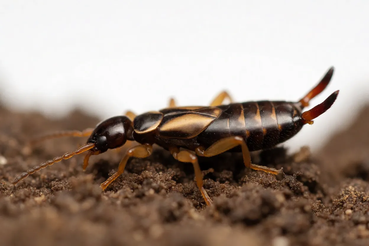 Lacrainha Euborellia annulipes de corpo alongado marrom-escuro com pinça na traseira sobre solo úmido