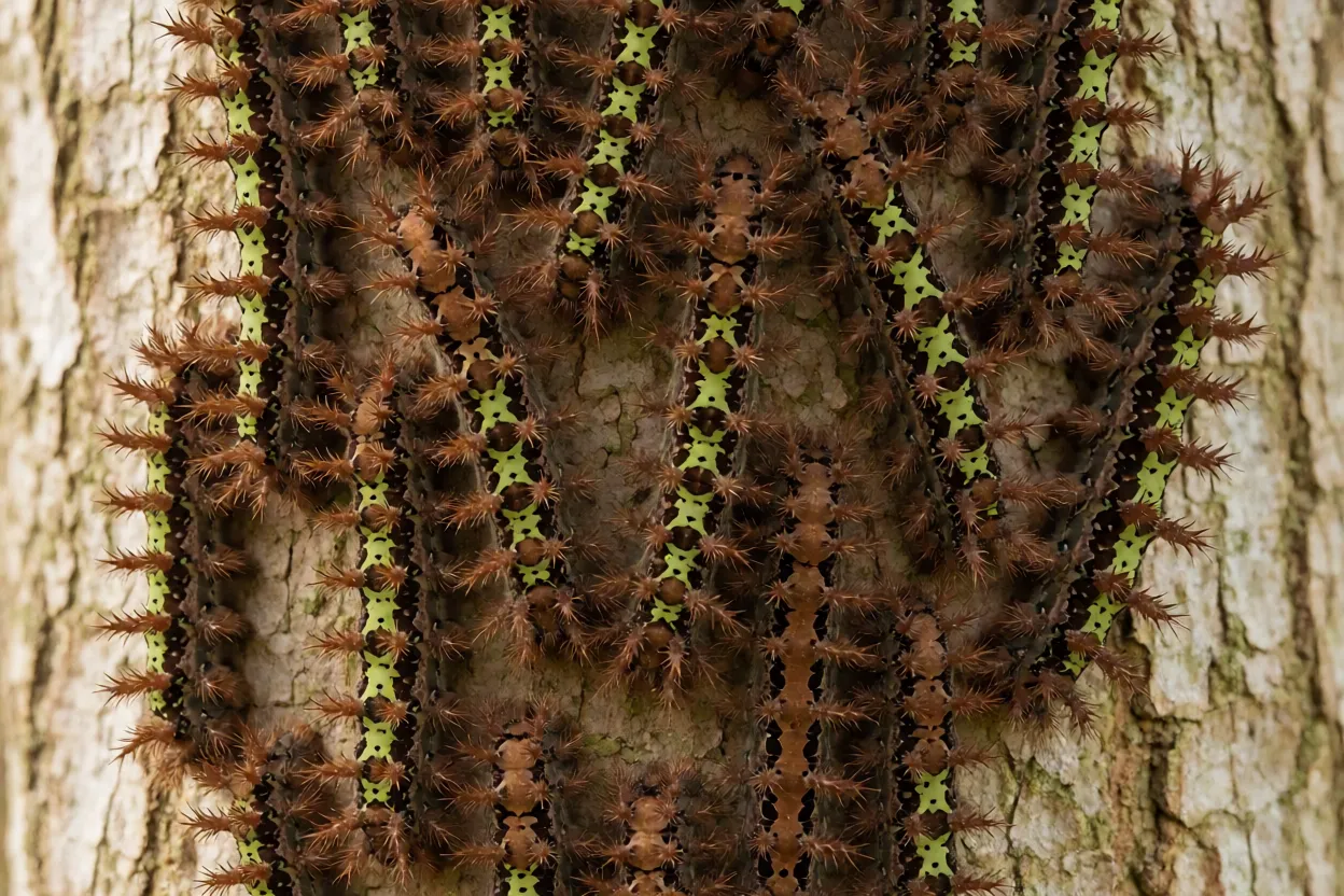 Colônia de lagartas-de-fogo Lonomia obliqua agrupadas no tronco de árvore