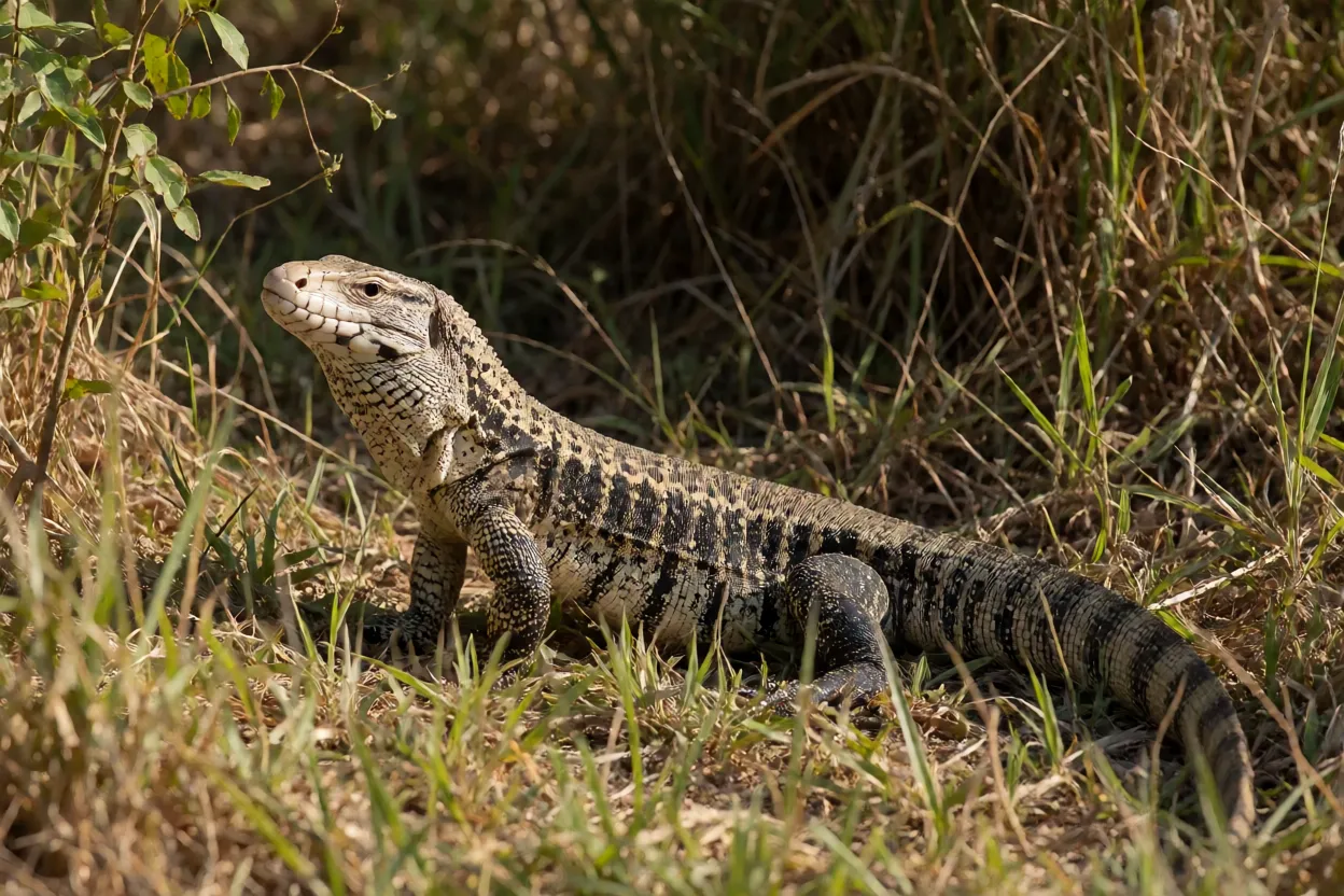 Lagarto teiú adulto de corpo inteiro no cerrado brasileiro